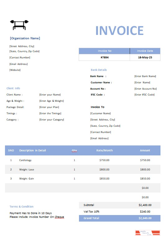 Gym Invoice Template PSD template